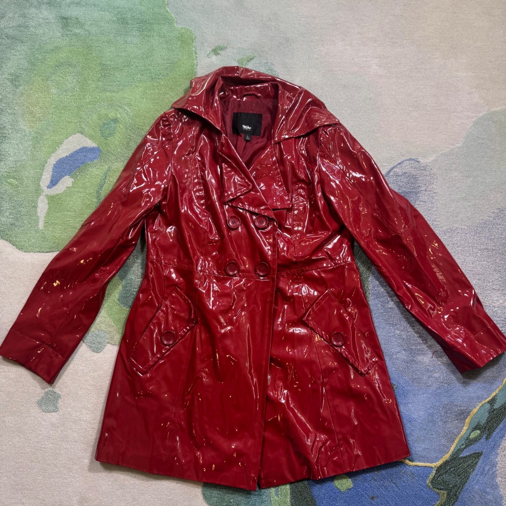 Y2K Mossimo Red Patent Trench Coat Double Breasted Glossy Rain Jacket Large